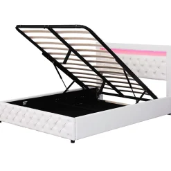 Lit 140x200 cm tapissé PU blanc avec rangement intégré et tête de lit LED, design classique et contemporain