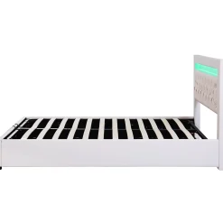 Lit 140x200 cm tapissé PU blanc avec rangement intégré et tête de lit LED, design classique et contemporain