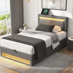 Lit 160x190 cm tapissé PU gris avec éclairage LED et ports USB escamotables, rangement sous le lit