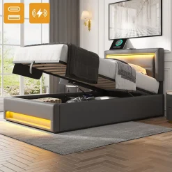 Lit 160x190 cm tapissé PU gris avec éclairage LED et ports USB escamotables, rangement sous le lit