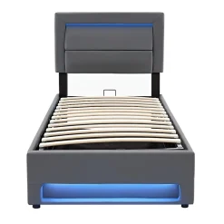 Lit 160x190 cm tapissé PU gris avec éclairage LED et ports USB escamotables, rangement sous le lit
