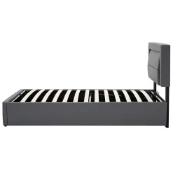 Lit 160x190 cm tapissé PU gris avec éclairage LED et ports USB escamotables, rangement sous le lit