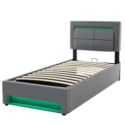 Lit 90x200 cm tapissé PU gris avec éclairage LED, ports USB escamotables et rangement intégré