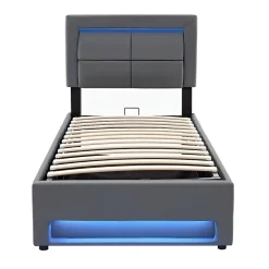 Lit 90x200 cm tapissé PU gris avec éclairage LED, ports USB escamotables et rangement intégré