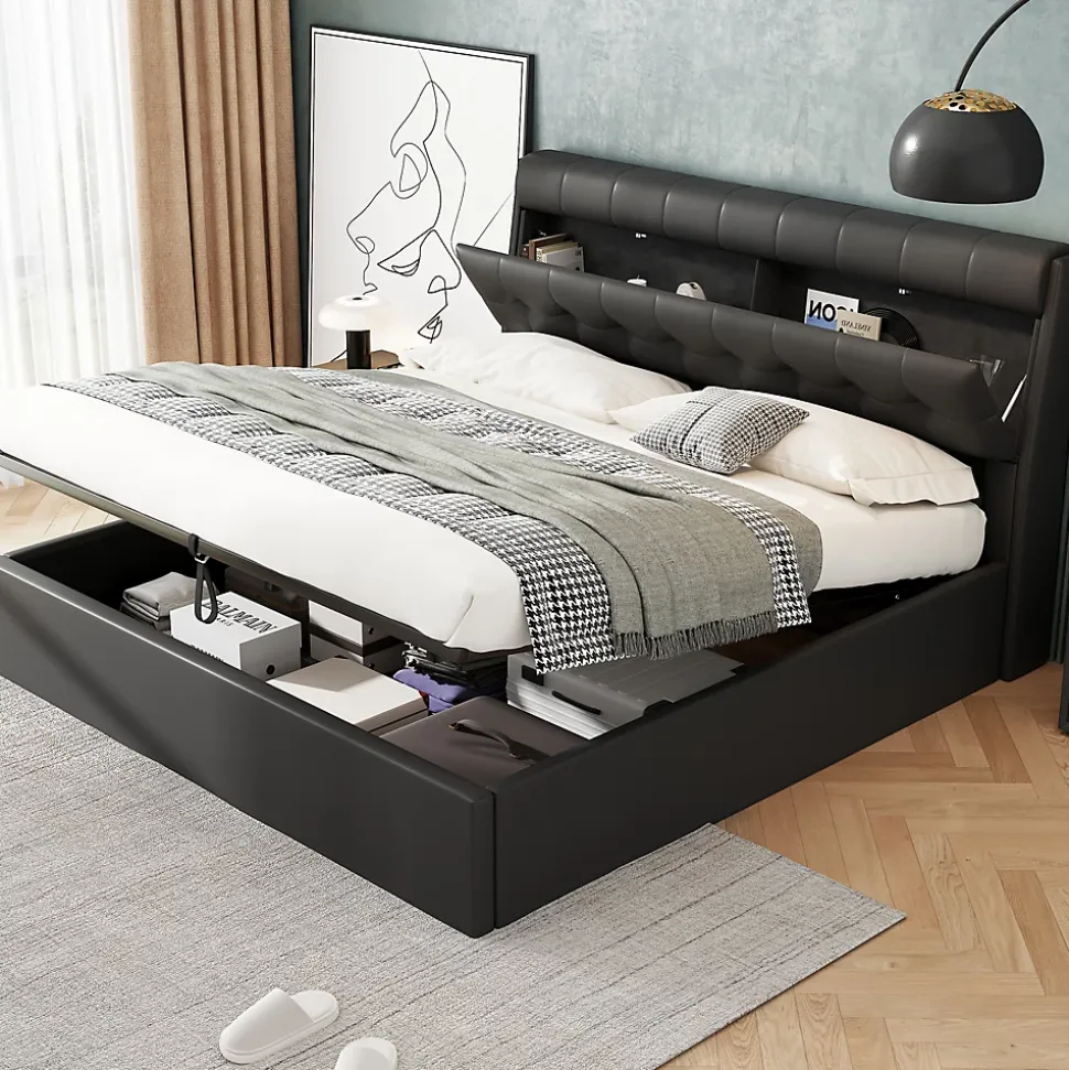Lit 140x200 cm tapissé PU noir avec tête de lit coffre et rangement hydraulique intégré, au design moderne