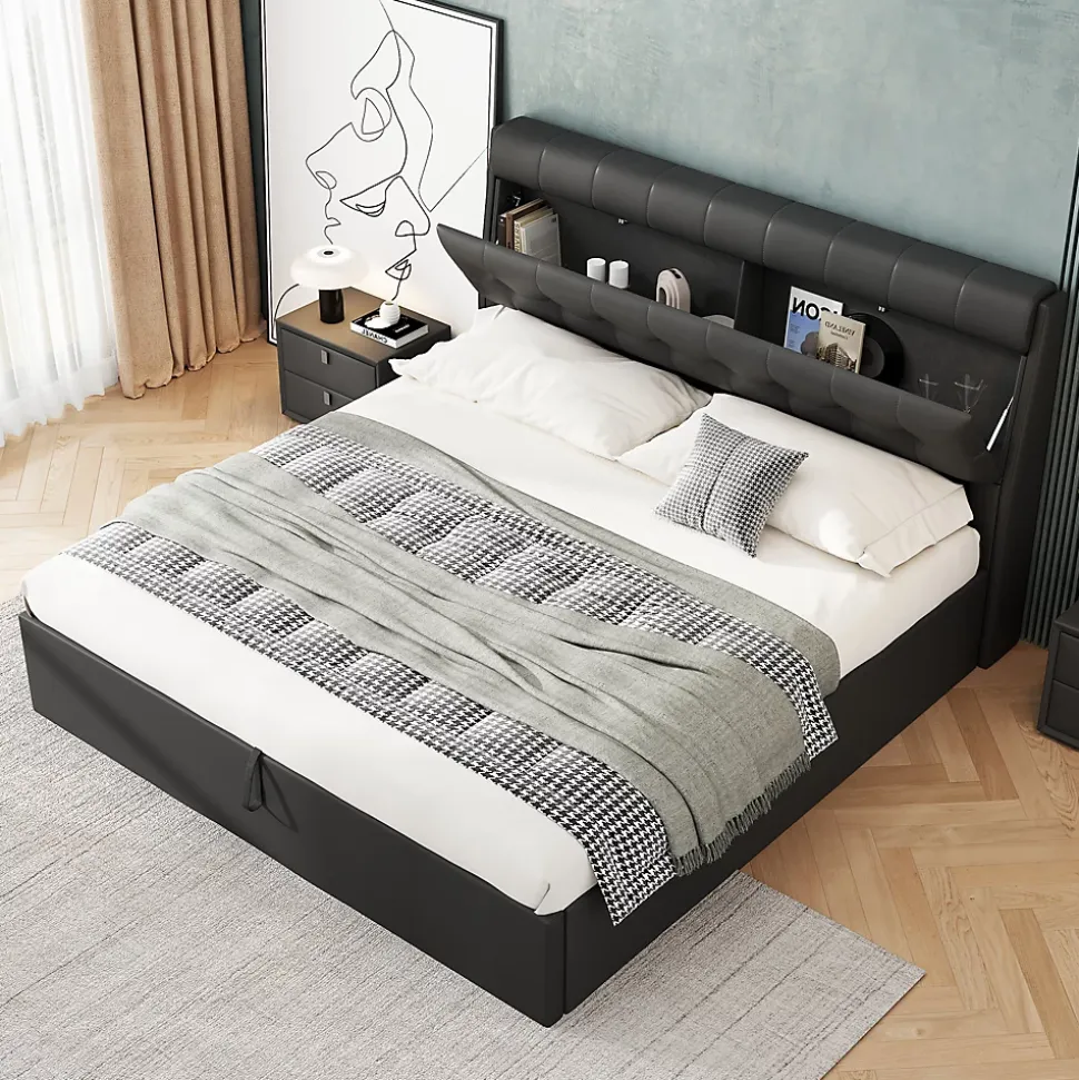 Lit 140x200 cm tapissé PU noir avec tête de lit coffre et rangement hydraulique intégré, au design moderne
