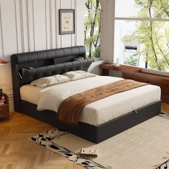 Lit 140x200 cm tapissé PU noir avec tête de lit coffre et rangement hydraulique intégré, au design moderne