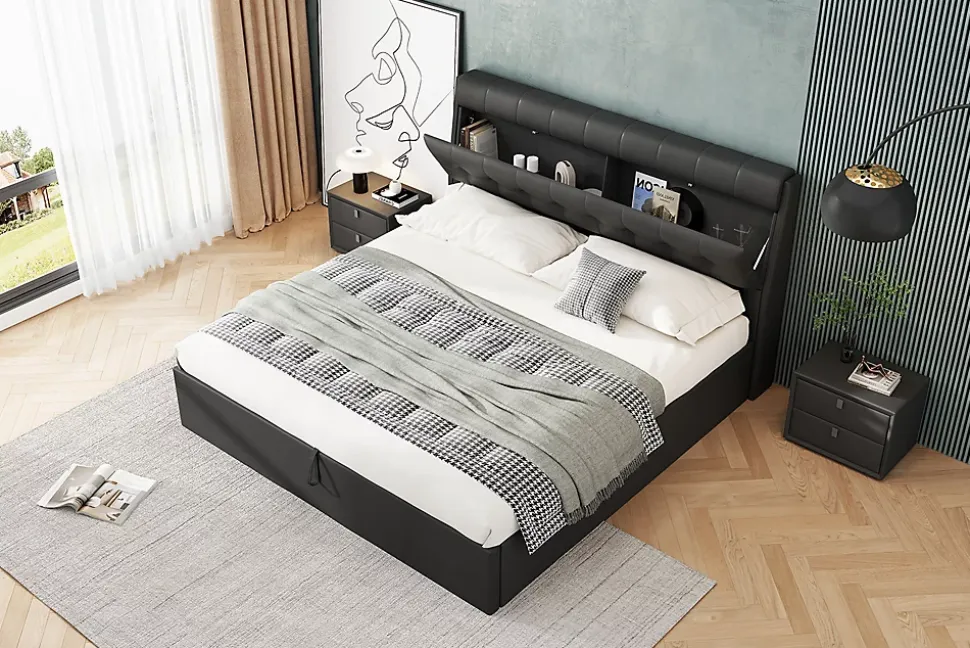 Lit 140x200 cm tapissé PU noir avec tête de lit coffre et rangement hydraulique intégré, au design moderne