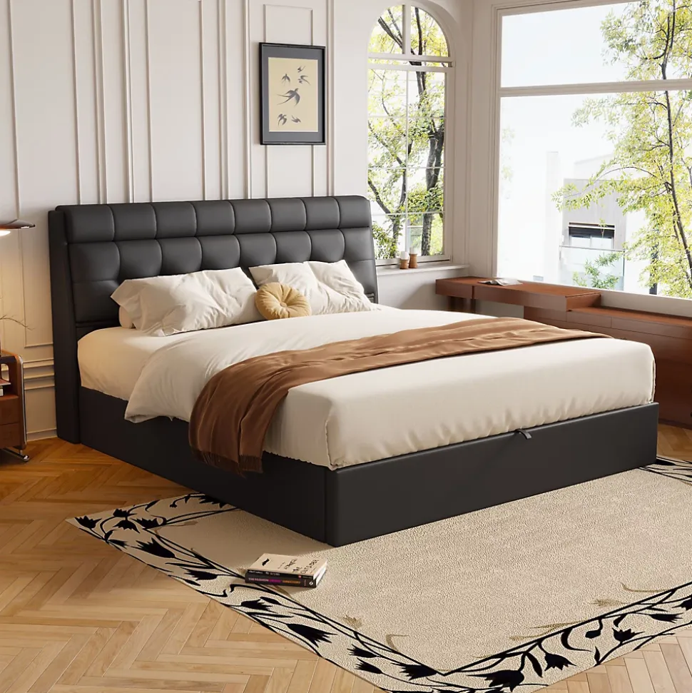 Lit 140x200 cm tapissé PU noir avec tête de lit coffre et rangement hydraulique intégré, au design moderne