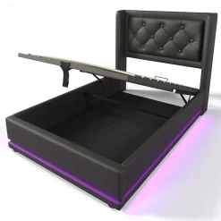 Lit 90x200 cm tapissé PU noir avec coffre hydraulique et tête de lit rembourrée, port USB-C intégré