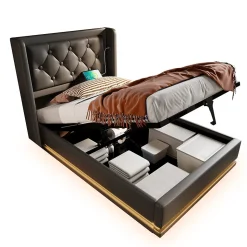 Lit 90x200 cm tapissé PU noir avec coffre hydraulique et tête de lit rembourrée, port USB-C intégré