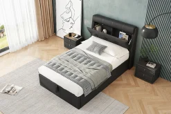 Lit 90x200 cm tapissé PU noir avec coffre de rangement hydraulique, tête de lit coffre et sommier à lattes