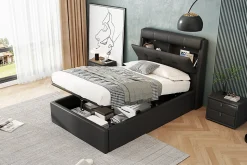 Lit 90x200 cm tapissé PU noir avec coffre de rangement hydraulique, tête de lit coffre et sommier à lattes