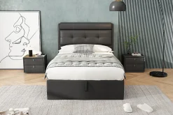 Lit 90x200 cm tapissé PU noir avec coffre de rangement hydraulique, tête de lit coffre et sommier à lattes