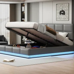 Lit 180x200 cm tapissé similicuir gris ciment avec LED, coffre hydraulique et tête de lit réglable 91/101 cm