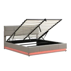 Lit 180x200 cm tapissé similicuir gris ciment avec LED, coffre hydraulique et tête de lit réglable 91/101 cm