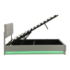 Lit 180x200 cm tapissé similicuir gris ciment avec LED, coffre hydraulique et tête de lit réglable 91/101 cm