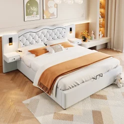 Lit 180x200 cm tapissé tissu effet lin beige avec tête de lit intégrée, coffre hydraulique et prises USB