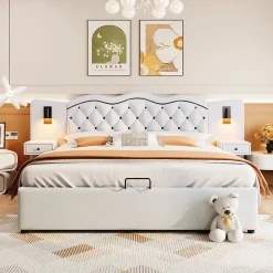 Lit 180x200 cm tapissé tissu effet lin beige avec tête de lit intégrée, coffre hydraulique et prises USB