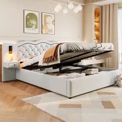 Lit 180x200 cm tapissé tissu effet lin beige avec tête de lit intégrée, coffre hydraulique et prises USB