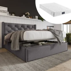 Lit 160x200 cm tapissé tissu gris avec coffre de rangement, tête de lit capitonnée et structure bois/métal