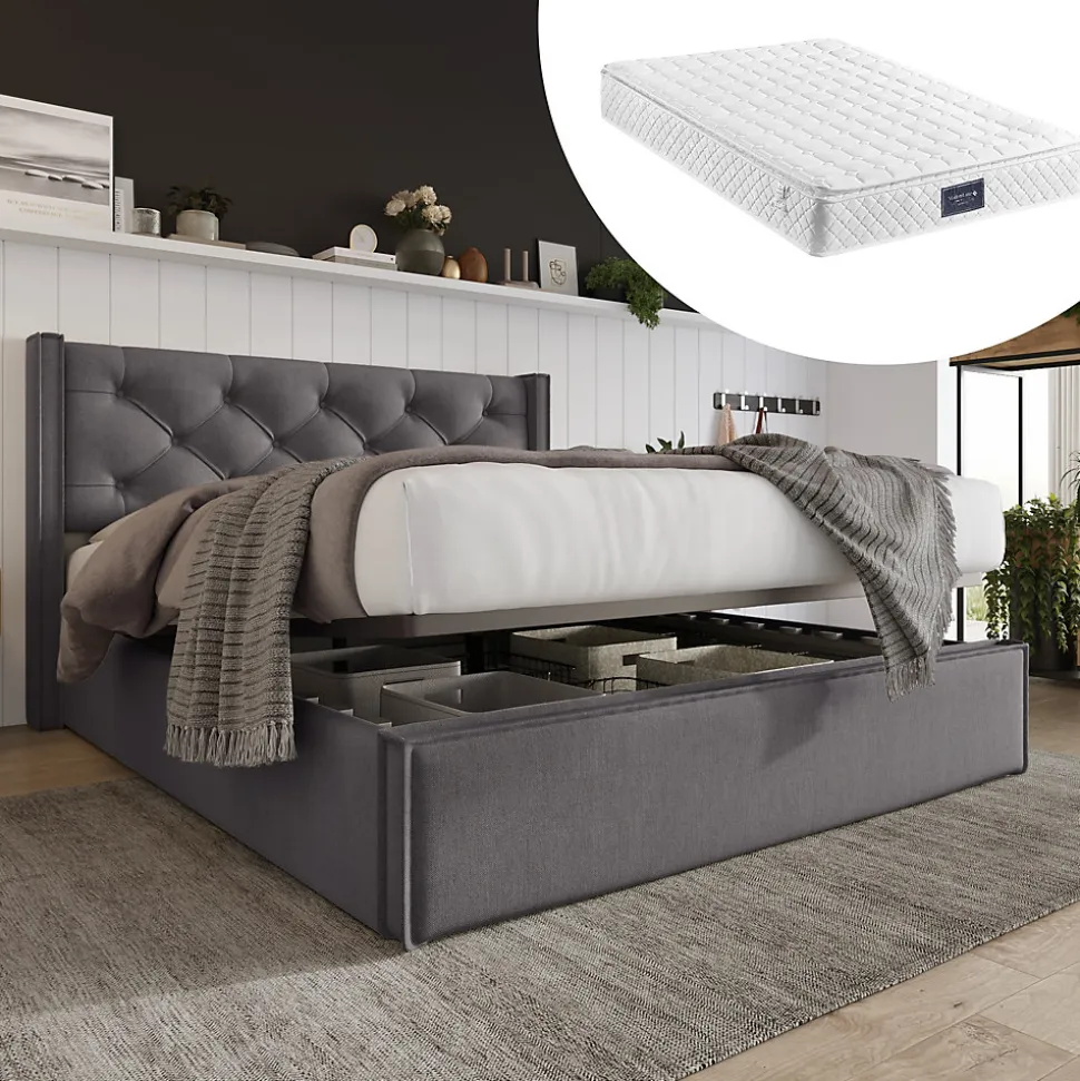 Lit 160x200 cm tapissé tissu gris avec coffre de rangement, tête de lit capitonnée et structure bois/métal