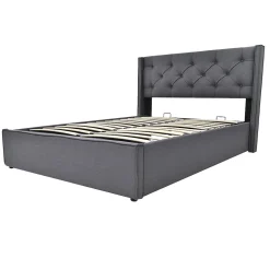 Lit 160x200 cm tapissé tissu gris avec coffre de rangement, tête de lit capitonnée et structure bois/métal