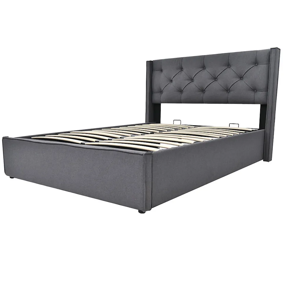 Lit 160x200 cm tapissé tissu gris avec coffre de rangement, tête de lit capitonnée et structure bois/métal