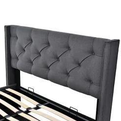 Lit 160x200 cm tapissé tissu gris avec coffre de rangement, tête de lit capitonnée et structure bois/métal