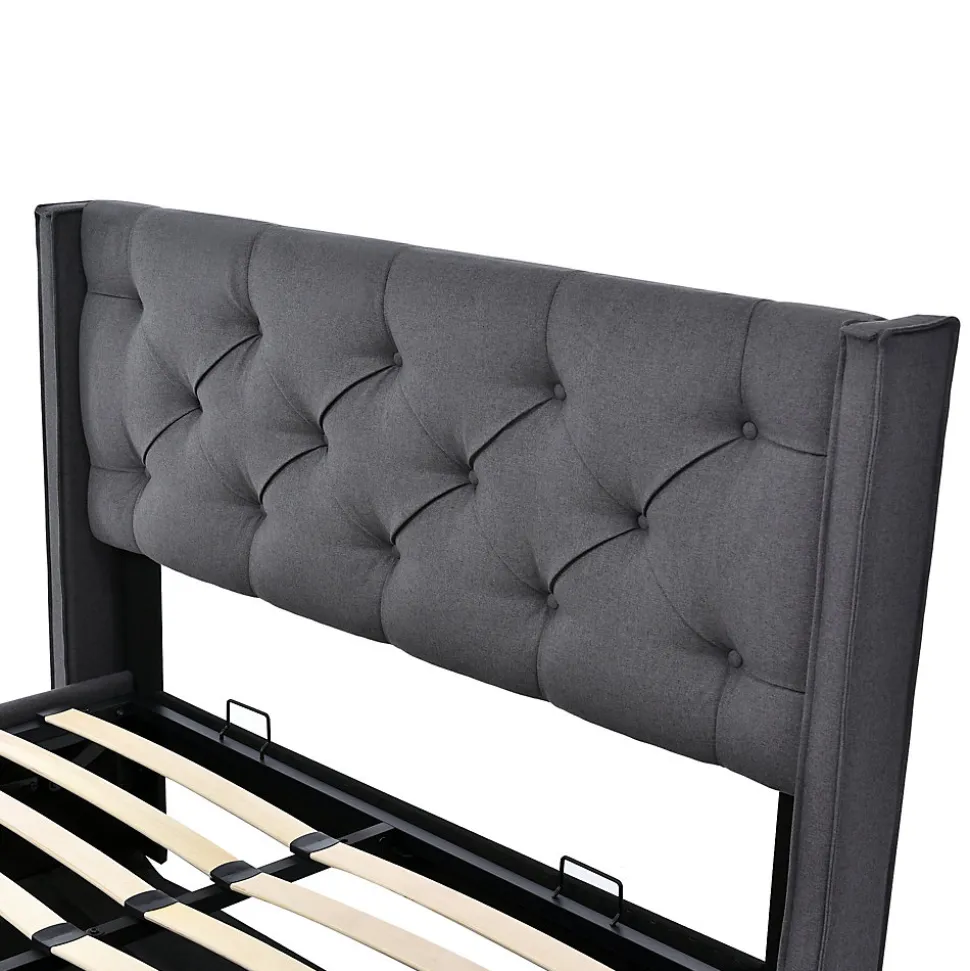 Lit 160x200 cm tapissé tissu gris avec coffre de rangement, tête de lit capitonnée et structure bois/métal