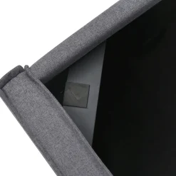 Lit 160x200 cm tapissé tissu gris avec coffre de rangement, tête de lit capitonnée et structure bois/métal