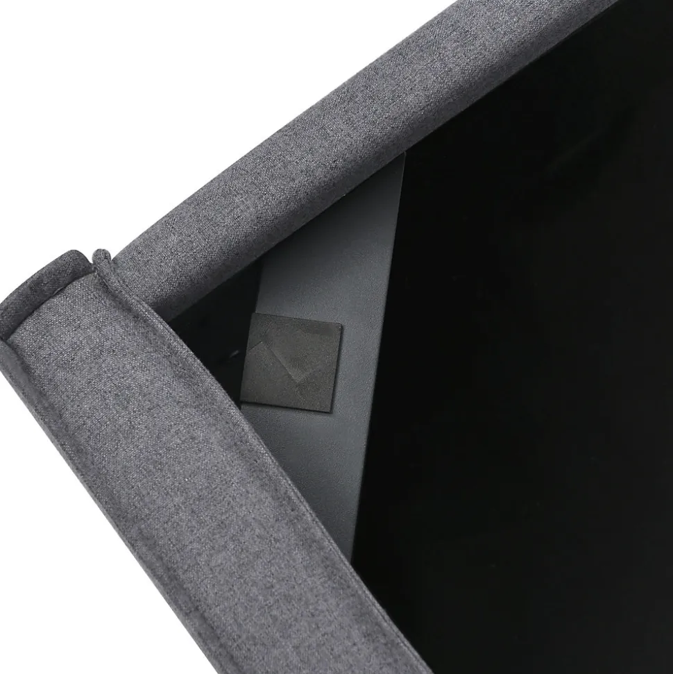 Lit 160x200 cm tapissé tissu gris avec coffre de rangement, tête de lit capitonnée et structure bois/métal