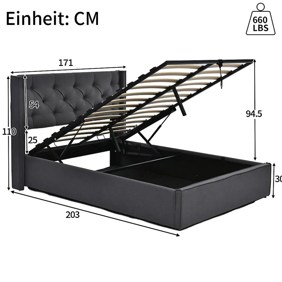 Lit 160x200 cm tapissé tissu gris avec coffre de rangement, tête de lit capitonnée et structure bois/métal