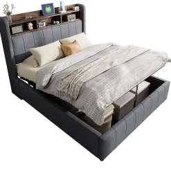 Lit 140x200 cm tapissé tissu lin gris avec rangement hydraulique, tête de lit à LED changeantes et ports USB