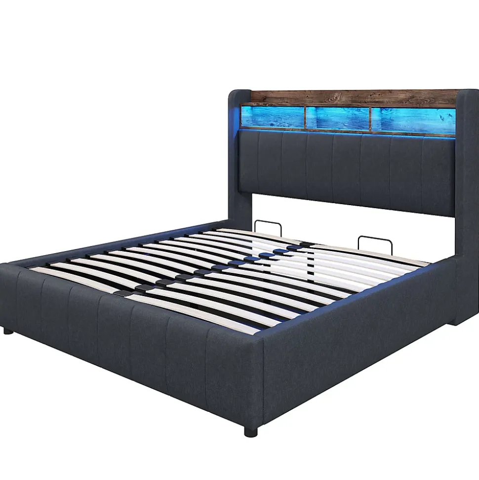 Lit 140x200 cm tapissé tissu lin gris avec rangement hydraulique, tête de lit à LED changeantes et ports USB