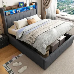 Lit 140x200 cm tapissé tissu lin gris avec rangement hydraulique, tête de lit à LED changeantes et ports USB