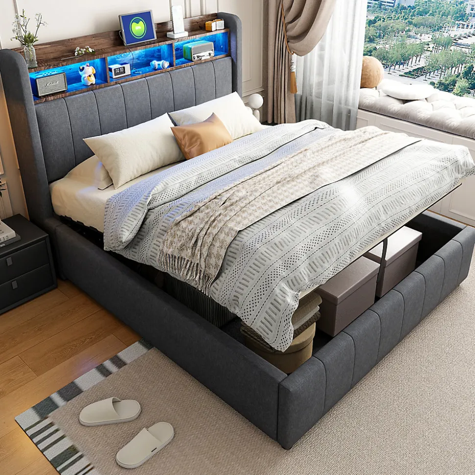 Lit 140x200 cm tapissé tissu lin gris avec rangement hydraulique, tête de lit à LED changeantes et ports USB