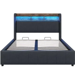 Lit 140x200 cm tapissé tissu lin gris avec rangement hydraulique, tête de lit à LED changeantes et ports USB