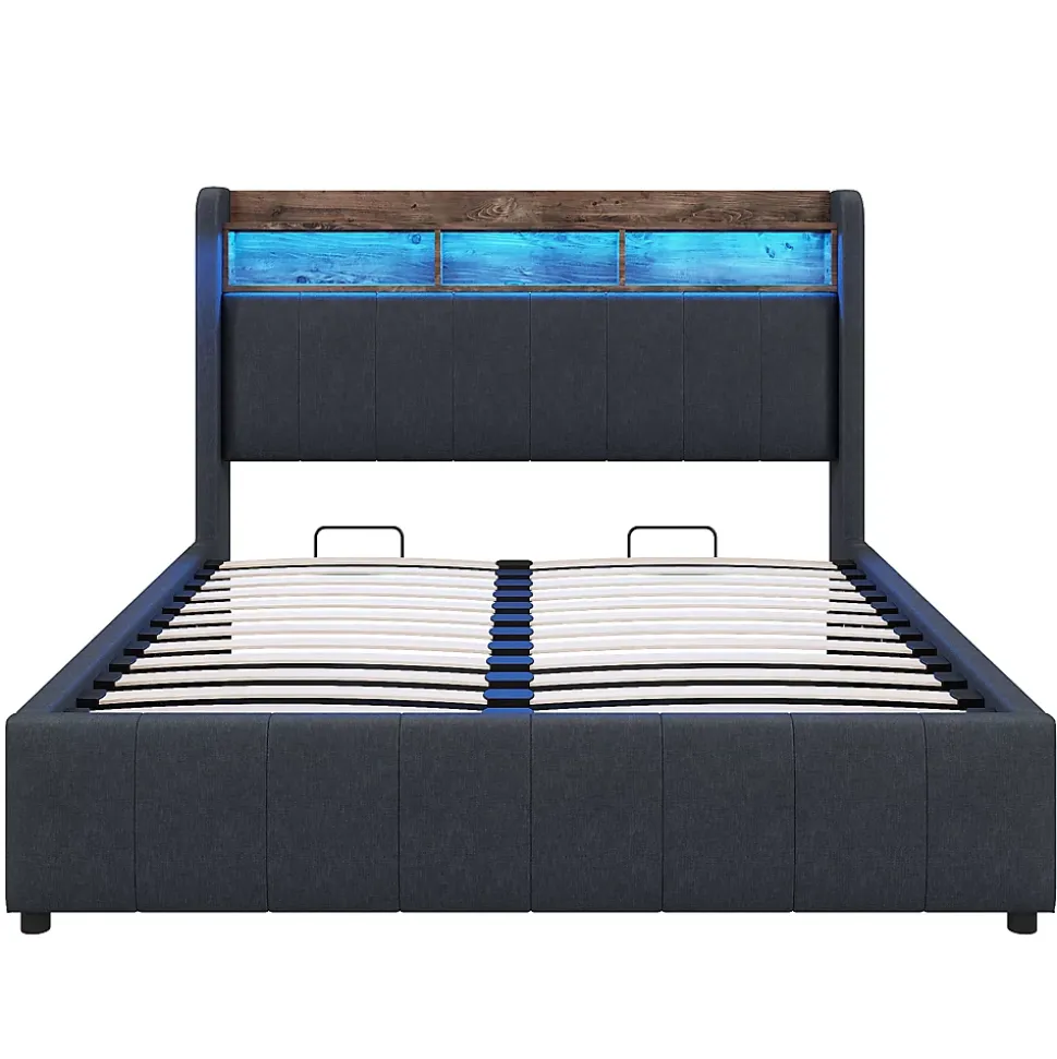 Lit 140x200 cm tapissé tissu lin gris avec rangement hydraulique, tête de lit à LED changeantes et ports USB