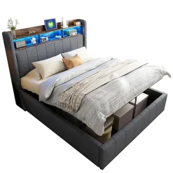 Lit 140x200 cm tapissé tissu lin gris avec rangement hydraulique, tête de lit à LED changeantes et ports USB
