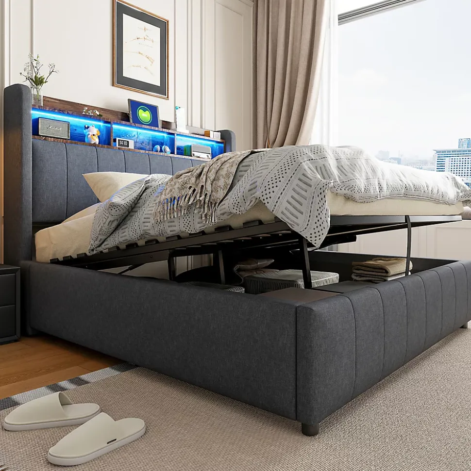 Lit 140x200 cm tapissé tissu lin gris avec rangement hydraulique, tête de lit à LED changeantes et ports USB