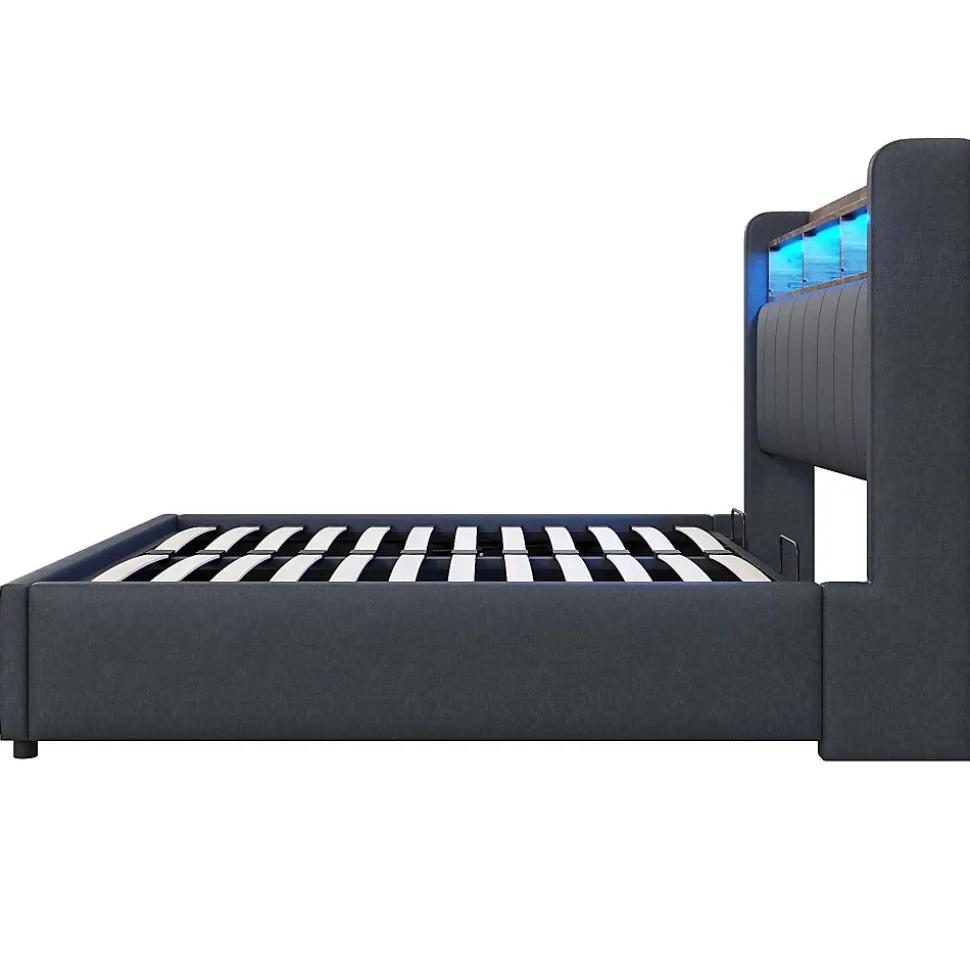Lit 140x200 cm tapissé tissu lin gris avec rangement hydraulique, tête de lit à LED changeantes et ports USB