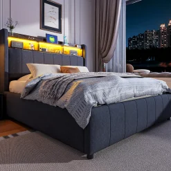 Lit 140x200 cm tapissé tissu lin gris avec rangement hydraulique, tête de lit à LED changeantes et ports USB