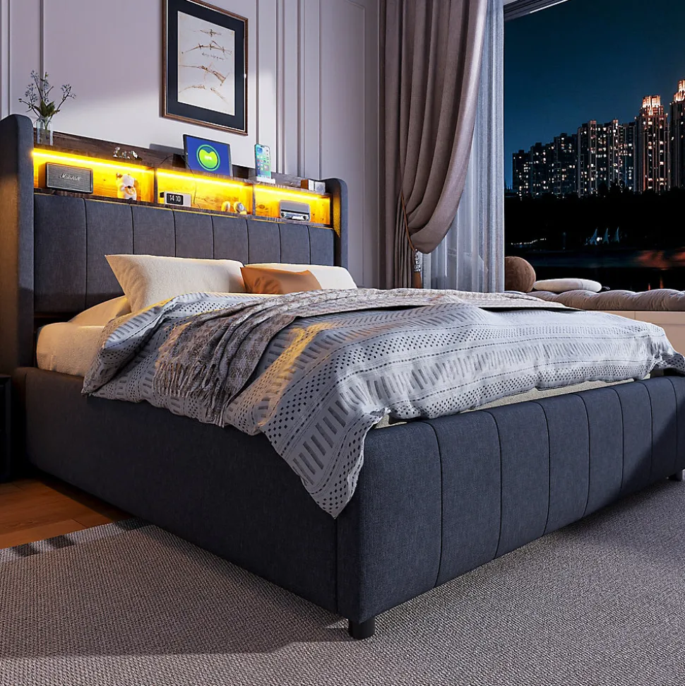 Lit 140x200 cm tapissé tissu lin gris avec rangement hydraulique, tête de lit à LED changeantes et ports USB