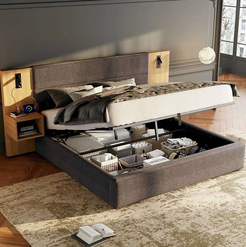 Lit 180x200 cm tapissé velours avec rangement hydraulique, éclairage et prises USB, 2 chevets assortis