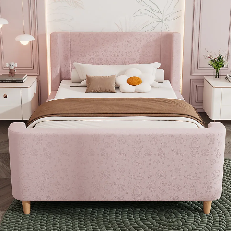 Lit 90x200 cm tapissé velours avec tête de lit style luge, motifs spatiaux enfantins, coloris rose