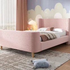 Lit 90x200 cm tapissé velours avec tête de lit style luge, motifs spatiaux enfantins, coloris rose