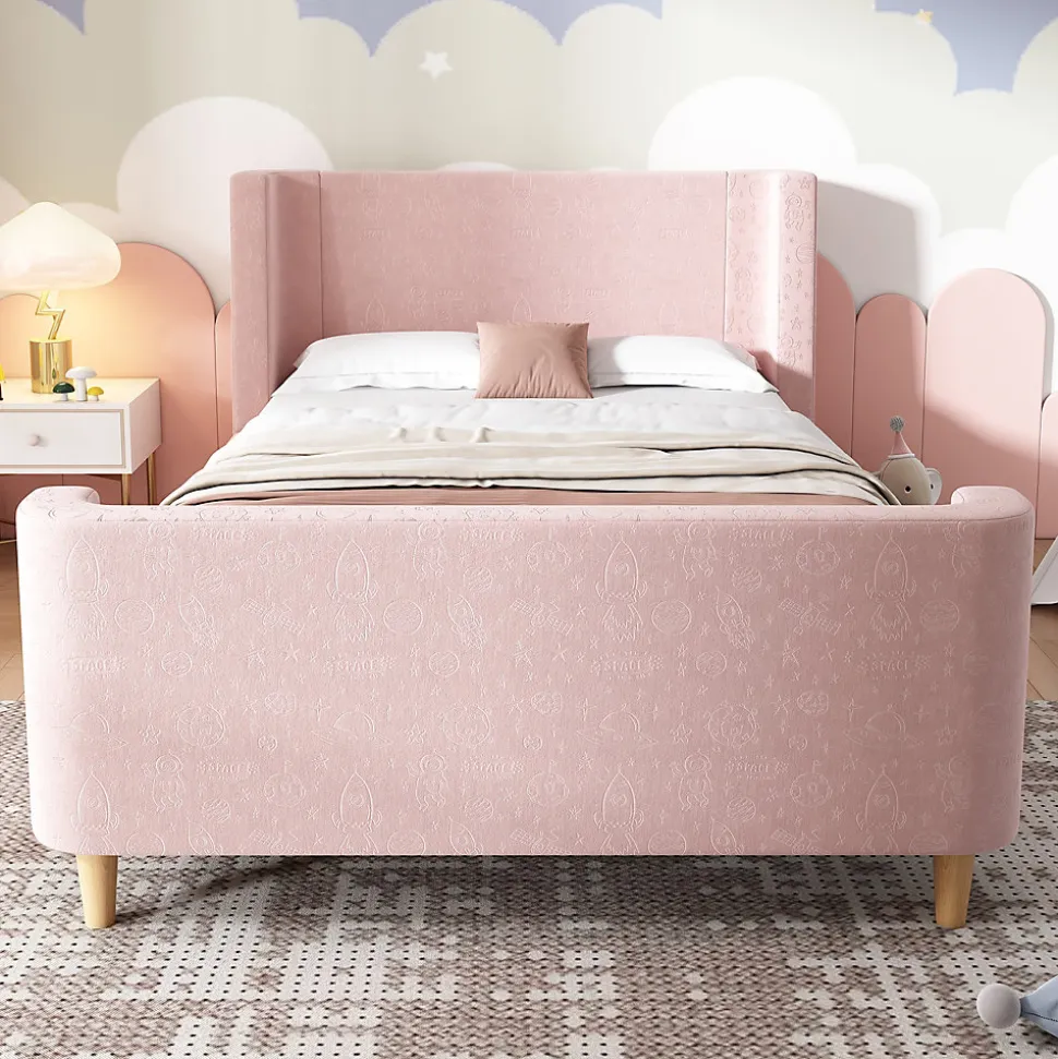 Lit 90x200 cm tapissé velours avec tête de lit style luge, motifs spatiaux enfantins, coloris rose