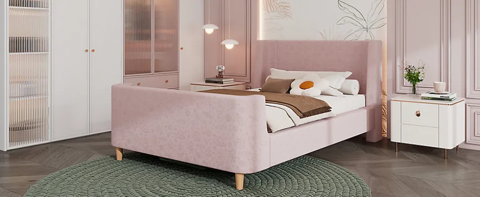 Lit 90x200 cm tapissé velours avec tête de lit style luge, motifs spatiaux enfantins, coloris rose