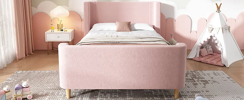 Lit 90x200 cm tapissé velours avec tête de lit style luge, motifs spatiaux enfantins, coloris rose